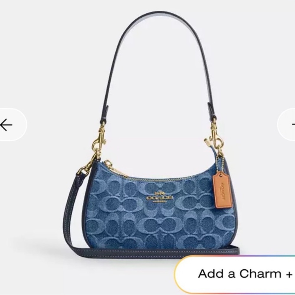 Coach Denim Signature Crescent Shoulder Bag in Blue with Gold Hardware